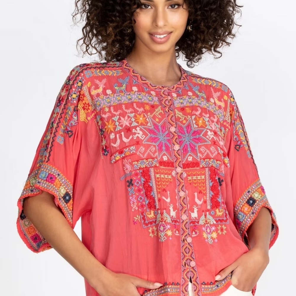 NWOT Johnny Was Embroidered Rayon "Xylia Blouse" Button-down Shirt Size S